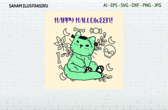 Halloween Card Party Cat Green Svg